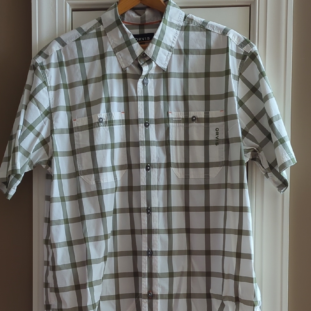Orvis Men's White and Olive Plaid Shirt